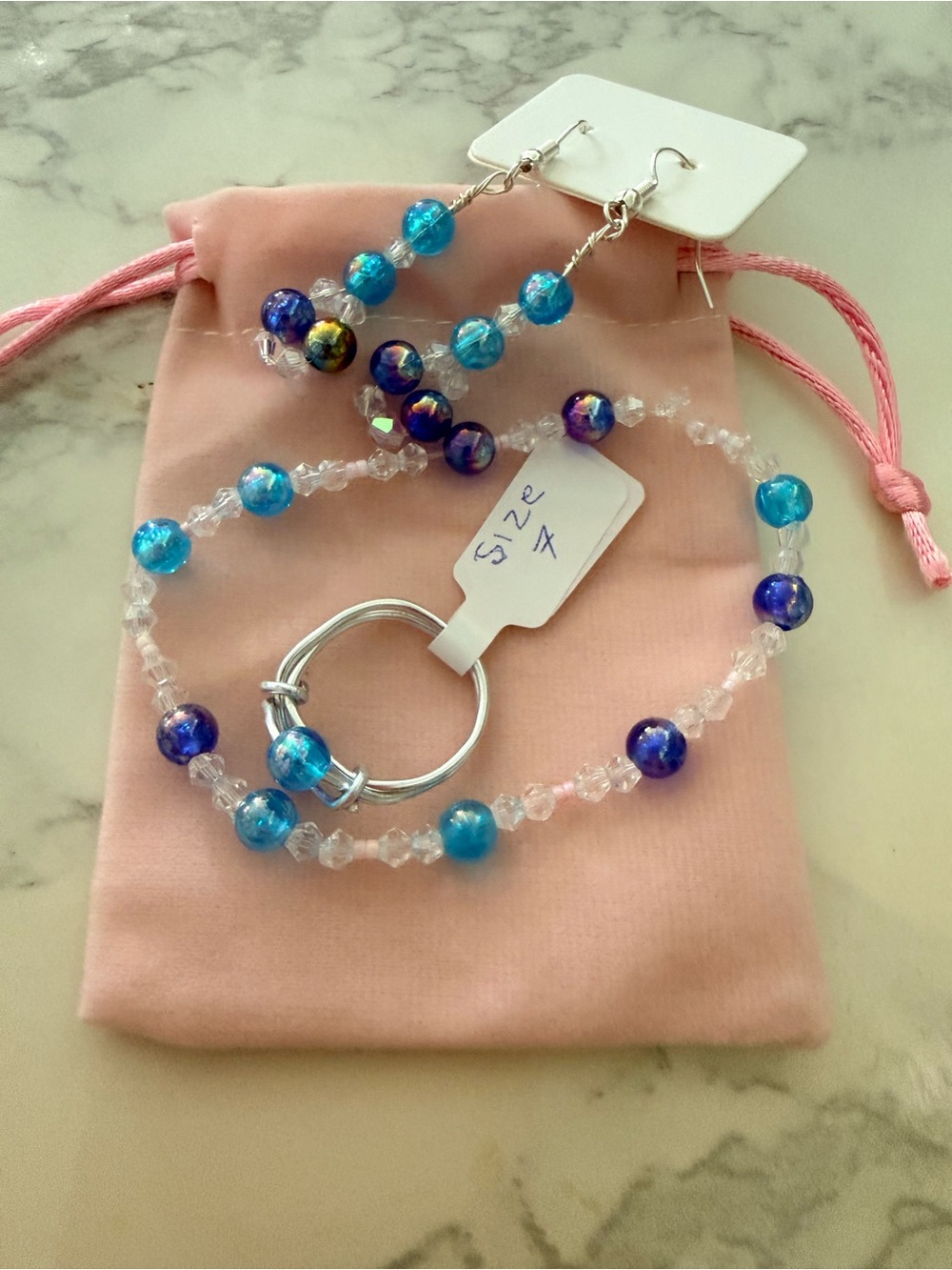 Blue Beaded Bracelet Ring and Earrings Set